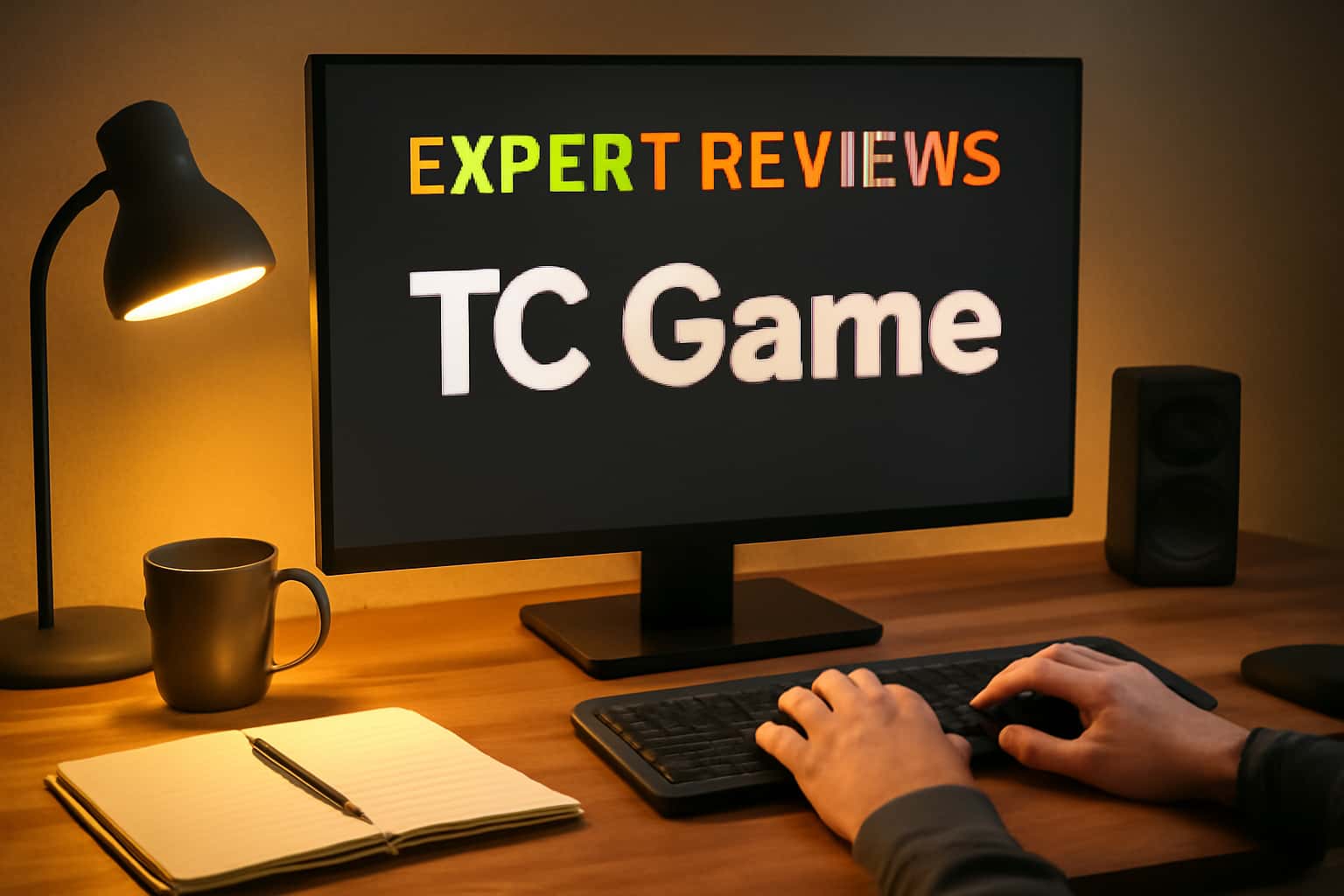 Informational scene featuring text about Expert Reviews on TC Game with a high-tech design.